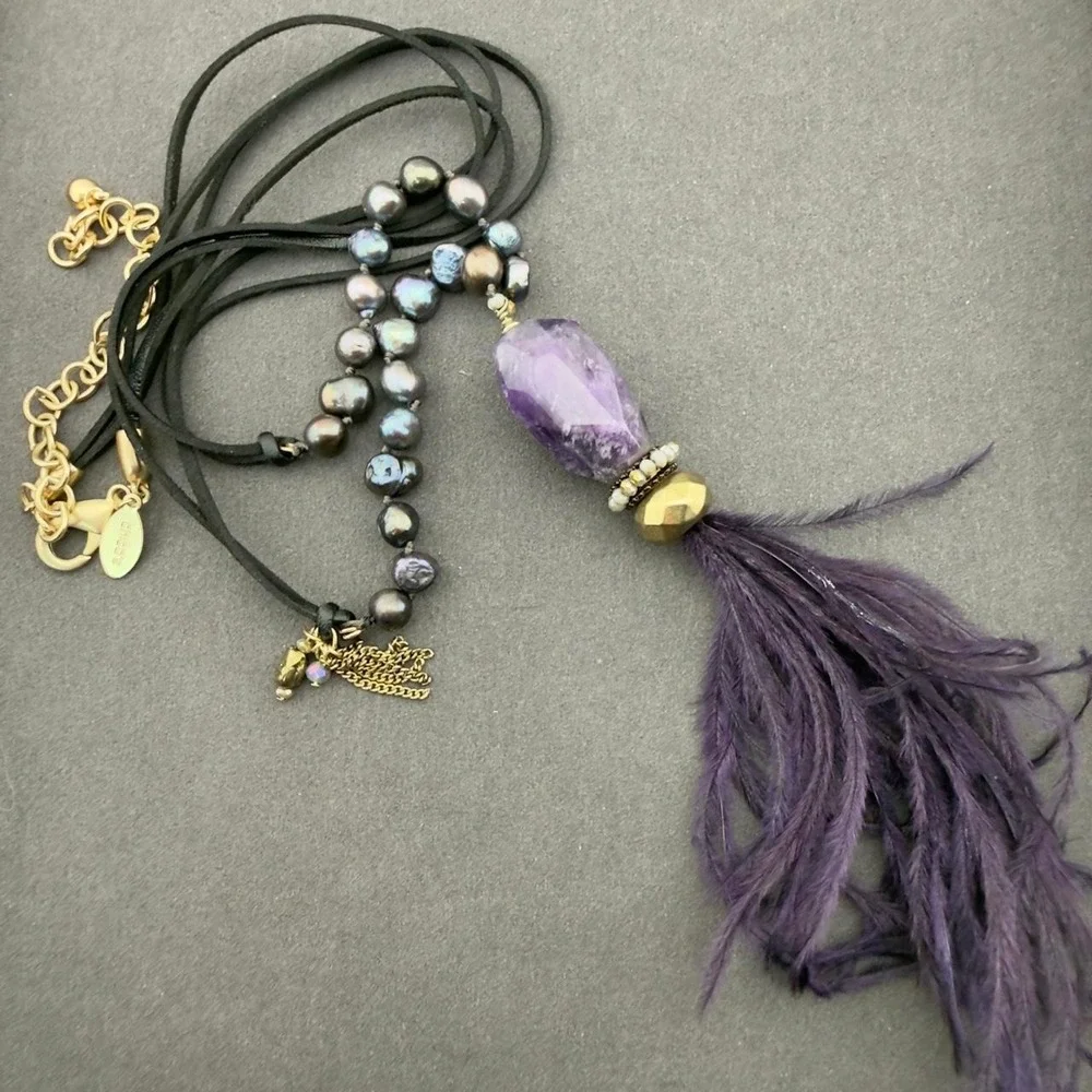 Chicos Boho Amethyst Pearl Necklace Feather Tassel Pendant Bohemian Design